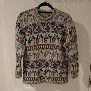Inca-tex Women's Vintage 100% Alpaca Gray & Brown Music Note Sweater (Size M)